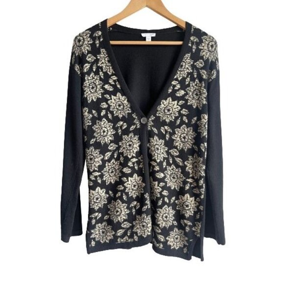 J. Jill Single Button Cotton Blend Black Tan Cardigan Sweater V-Neck Size XS - Picture 1 of 6